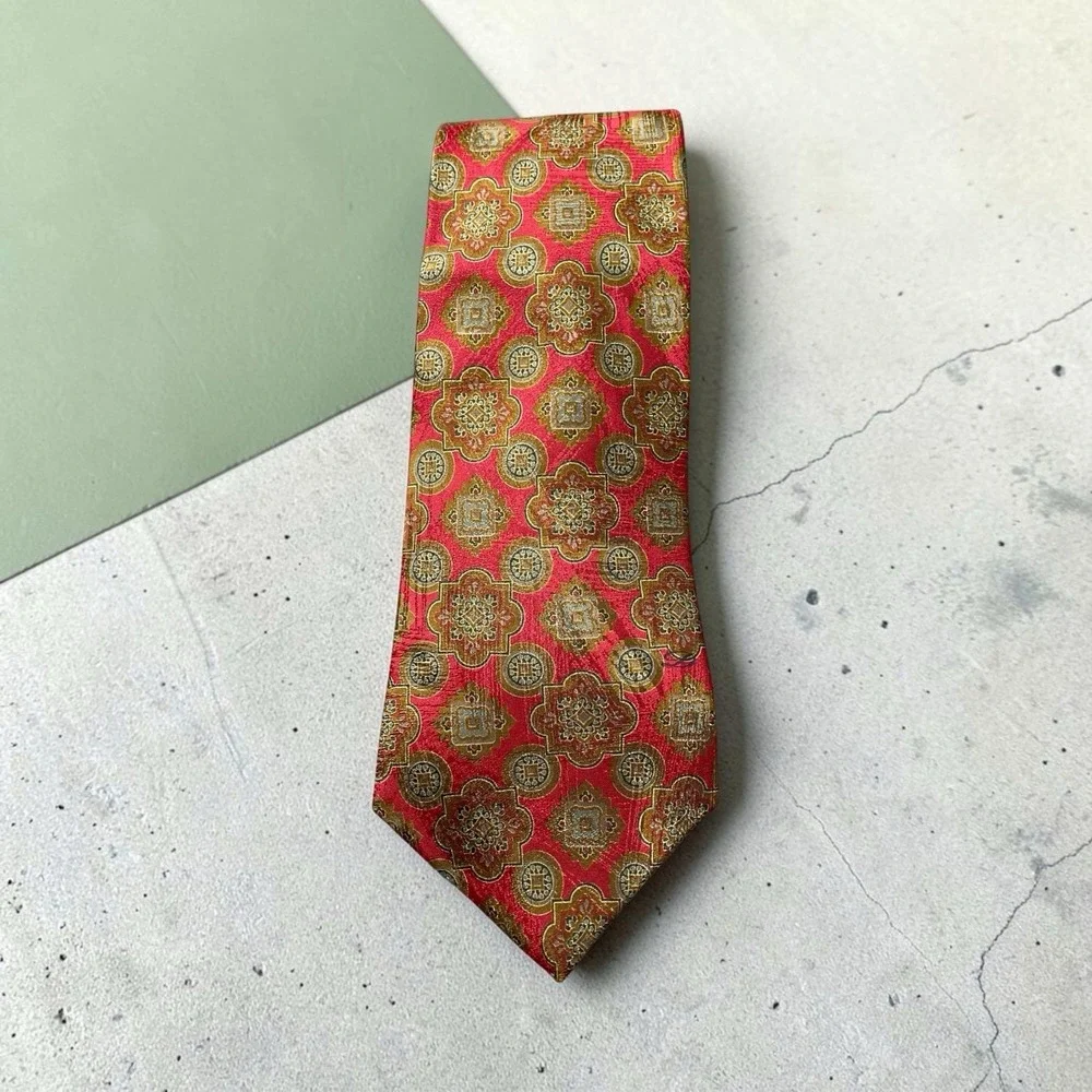 Vintage S.T. Dupont Paris Tie Red Olive Green Medallion Ornate Silk Made France